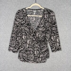 90s‎ Chicos Wrap Babydoll Blouse Medium Black Pink Paisley Liquid Slinky Ruched